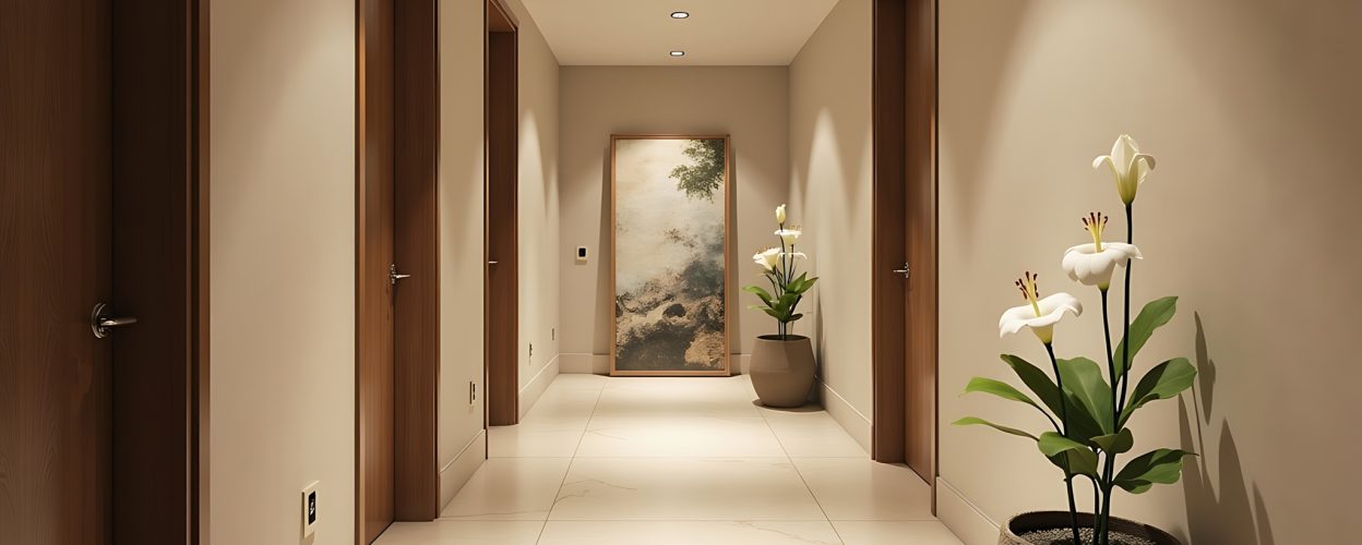 Spacious condo hallway with minimalist decor and recessed lighting ai generated