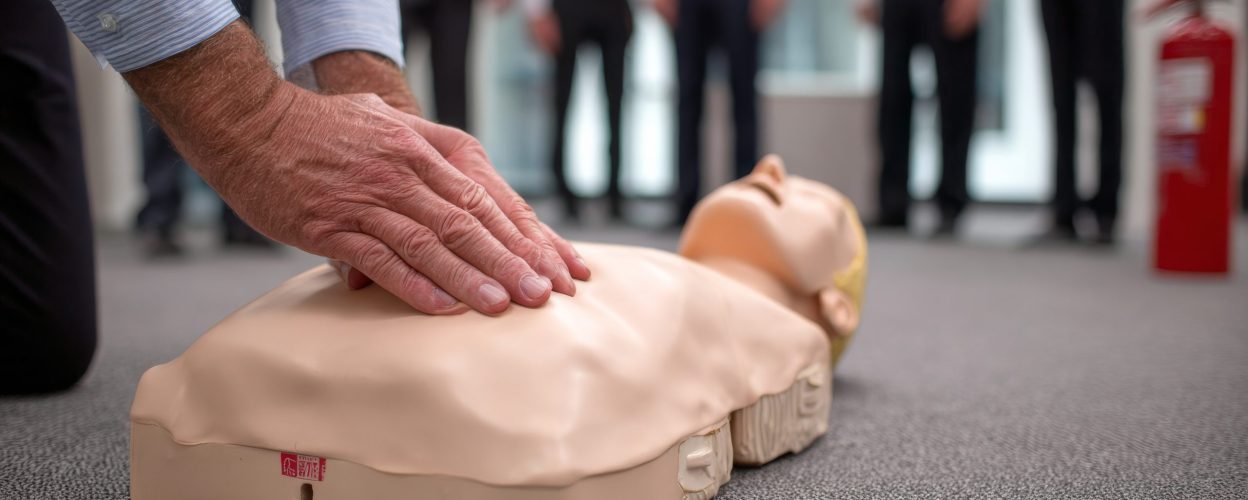 A demonstration of CPR shows hands performing chest compressions and rescue breaths, emphasizing life-saving first aid skills